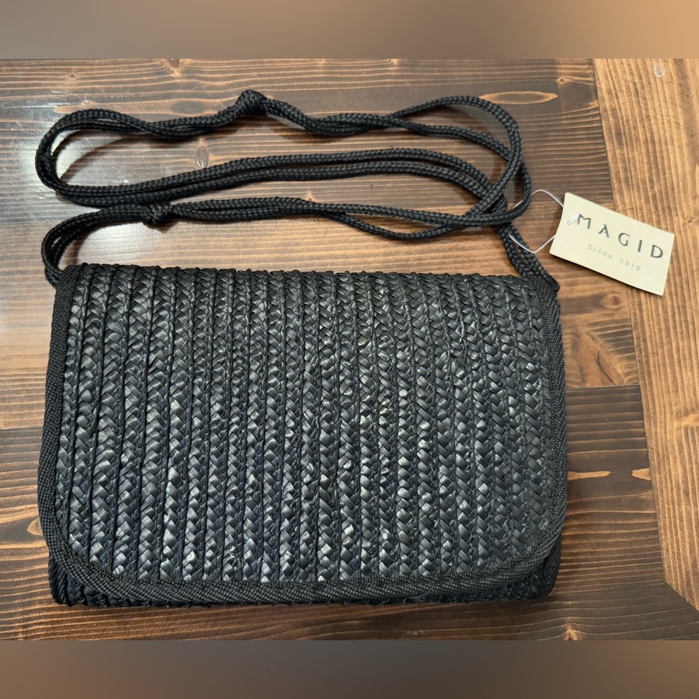 NWT Magid Women’s‎ Black Vinyl Dipped Raffia Clutch with Optional Straps